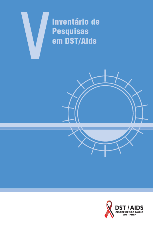 Capa do V Inventário de Pesquisas em DST/AIDS, com fundo azul claro e uma forma circular branca ao centro à direita, cruzada ao centro por uma reta também branca. No rodapé há uma barra branca com o logo do PM DST/Aids